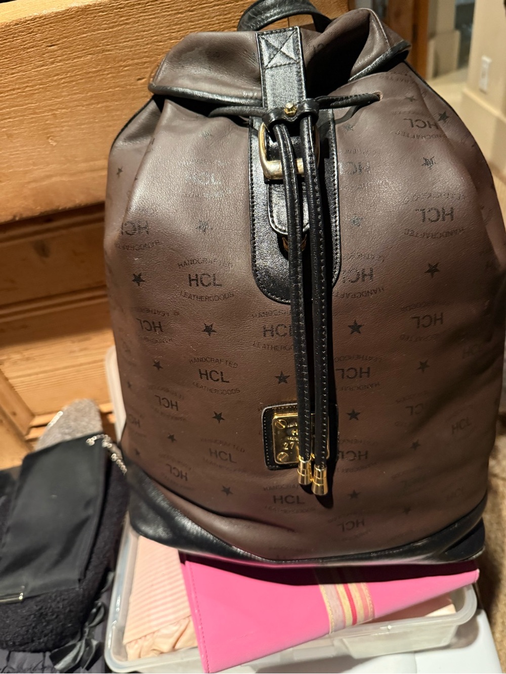 HCL Branded Brown Drawstring Backpack with Black Trim